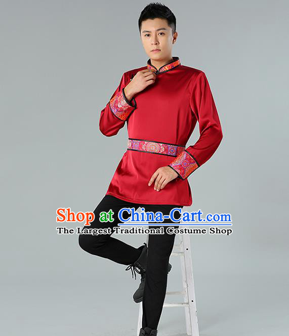 Chinese National Wine Red Shirt Traditional Ethnic Upper Outer Garment Mongol Minority Informal Costume for Men