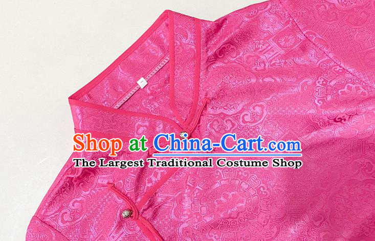 Chinese Mongol Ethnic Rosy Brocade Blouse Traditional Mongolian Minority Female Garment Shirt Costume