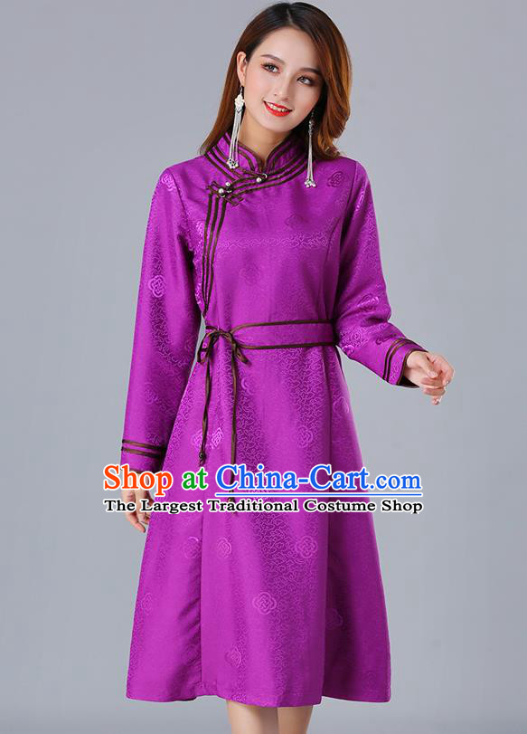 Chinese Traditional Mongol Ethnic Purple Brocade Dress Costume Mongolian Minority Woman Informal Garment