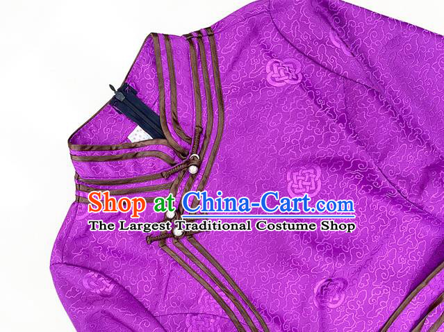 Chinese Traditional Mongol Ethnic Purple Brocade Dress Costume Mongolian Minority Woman Informal Garment