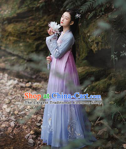 Chinese Traditional Palace Hanfu Blue Blouse and Dress Ancient Tang Dynasty Royal Princess Garment Embroidered Costumes Full Set