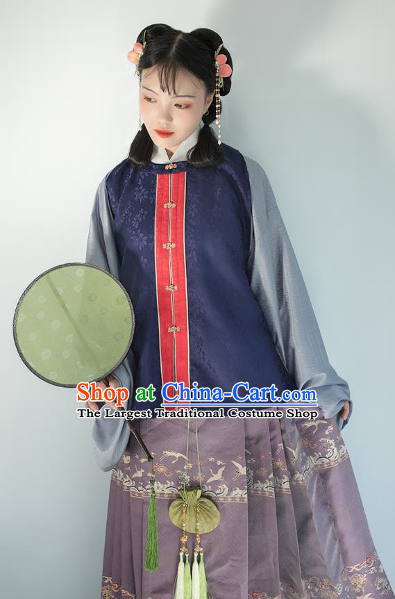 Chinese Traditional Ming Dynasty Princess Navy Brocade Vest Ancient Noble Lady Waistcoat Hanfu Garment