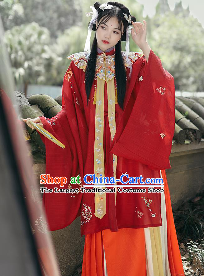 Chinese Traditional Hanfu Garment Ancient Ming Dynasty Palace Princess Costumes Red Blouse Shoulder Collar and Skirt Full Set