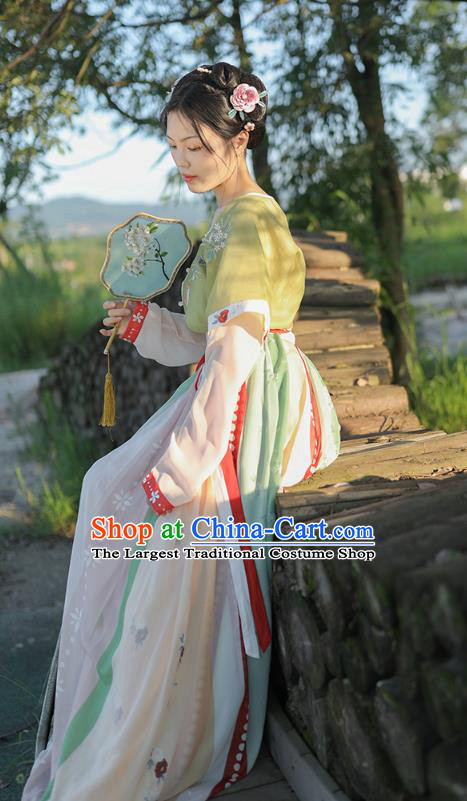 Chinese Traditional Tang Dynasty Palace Lady Hanfu Costumes Ancient Court Maid Half Sleeved Top Garment Blouse and Skirt Complete Set