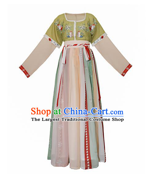 Chinese Traditional Tang Dynasty Palace Lady Hanfu Costumes Ancient Court Maid Half Sleeved Top Garment Blouse and Skirt Complete Set