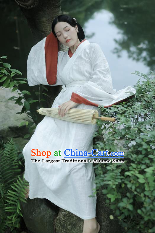 Chinese Traditional Jin Dynasty Imperial Consort White Hanfu Costumes Ancient Palace Woman Curving Front Robe Garment Full Set