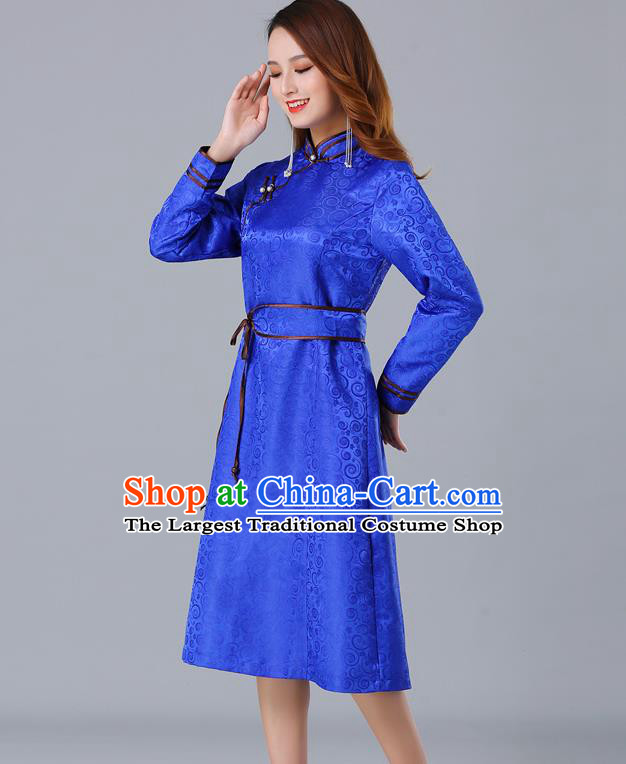 Chinese Traditional Mongol Ethnic Woman Informal Costume Mongolian Minority Garment Royalblue Brocade Dress