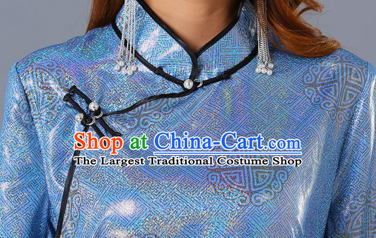 Chinese Traditional Mongolian Blue Dress Ethnic Woman Informal Costume Mongol Minority Garment
