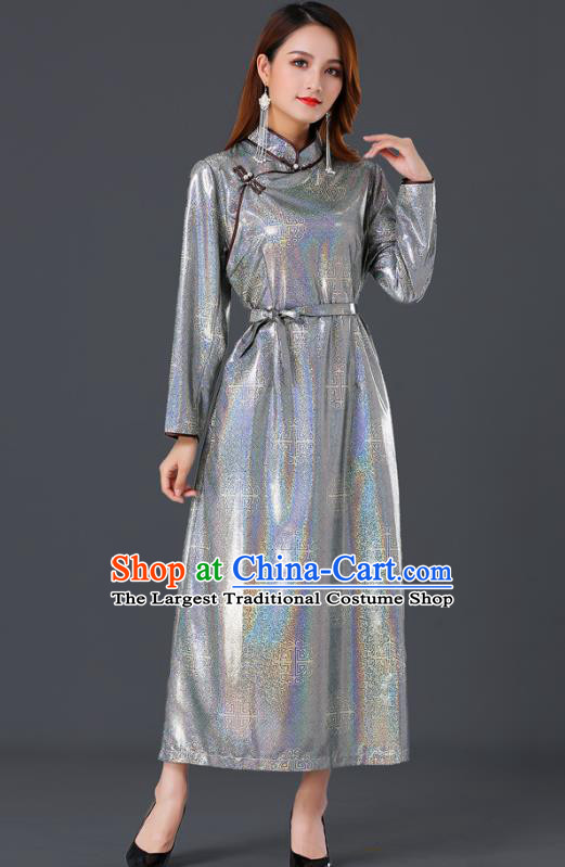 Chinese Traditional Mongolian Grey Dress Ethnic Woman Informal Costume Mongol Minority Garment