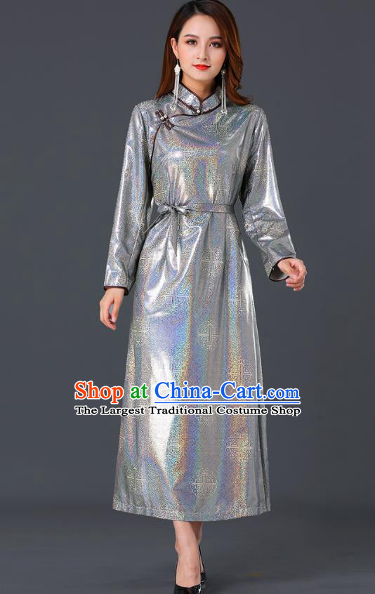 Chinese Traditional Mongolian Grey Dress Ethnic Woman Informal Costume Mongol Minority Garment