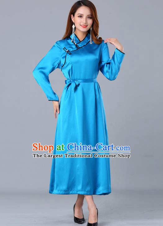 Chinese Traditional Mongolian Nationality Blue Satin Dress Ethnic Woman Informal Costume Mongol Minority Garment Apparels