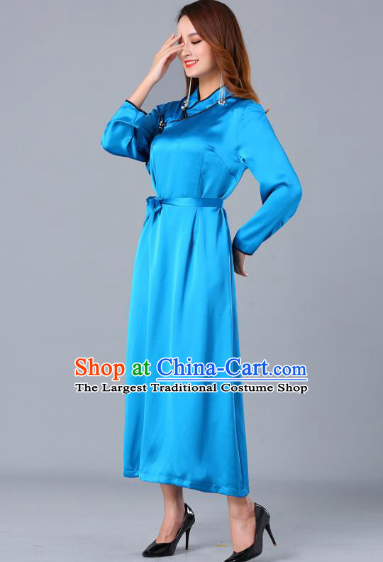 Chinese Traditional Mongolian Nationality Blue Satin Dress Ethnic Woman Informal Costume Mongol Minority Garment Apparels
