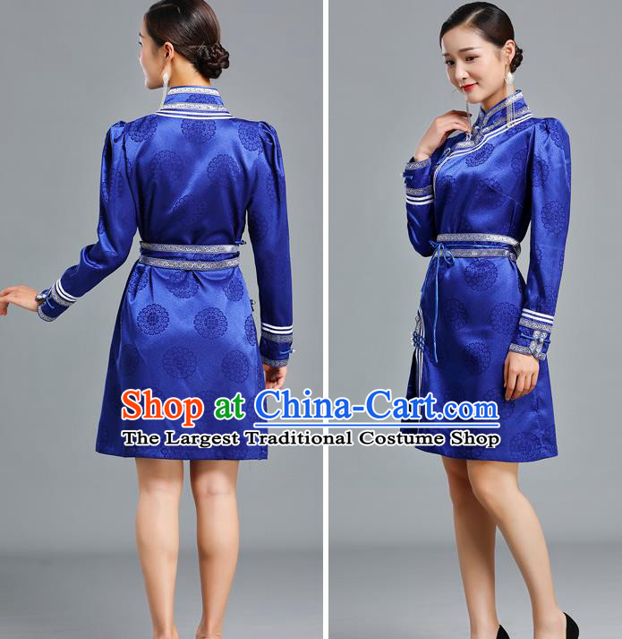 Traditional Chinese Mongolian Nationality Royalblue Brocade Short Dress Ethnic Informal Costume Mongol Minority Garment Woman Apparels