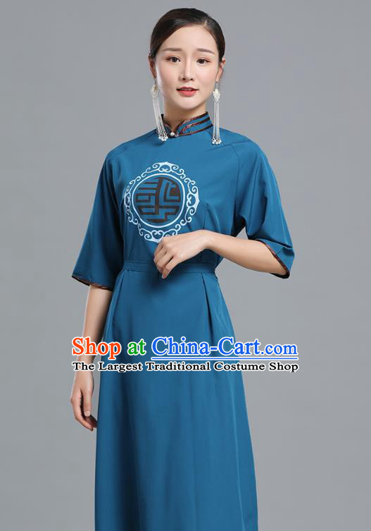 Traditional Chinese Woman Apparels Mongolian Nationality Teal Dress Ethnic Informal Costume Mongol Minority Garment