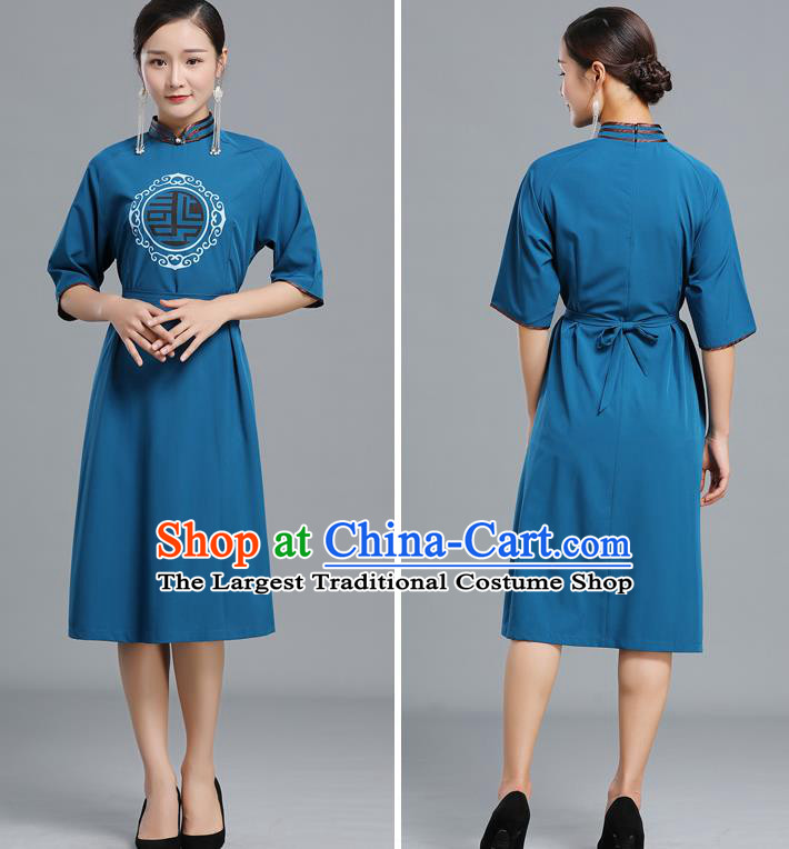 Traditional Chinese Woman Apparels Mongolian Nationality Teal Dress Ethnic Informal Costume Mongol Minority Garment