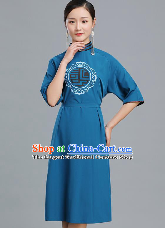 Traditional Chinese Woman Apparels Mongolian Nationality Teal Dress Ethnic Informal Costume Mongol Minority Garment