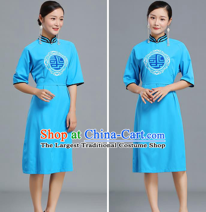 Traditional Chinese Woman Apparels Mongolian Nationality Blue Dress Ethnic Informal Costume Mongol Minority Garment