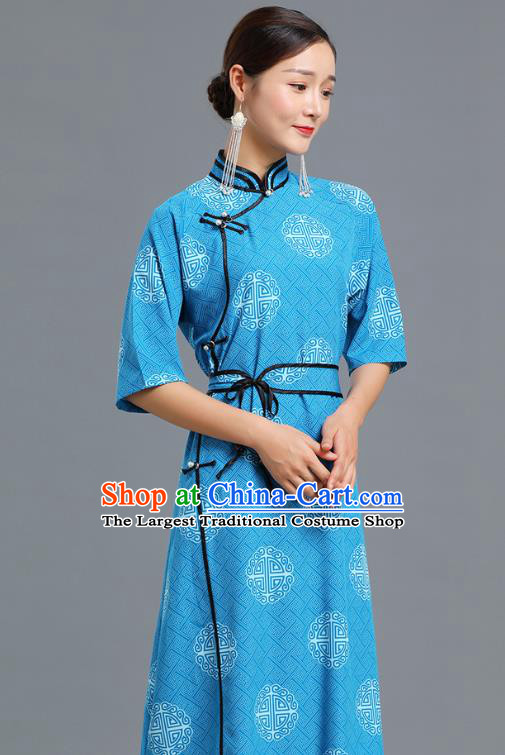 Traditional Chinese Ethnic Informal Costume Woman Apparels Mongol Minority Garment Mongolian Nationality Blue Dress