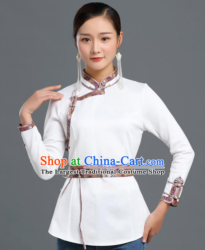 Traditional Chinese Ethnic White Blouse Woman Apparels Mongol Minority Upper Outer Garment Mongolian Nationality Informal Costume