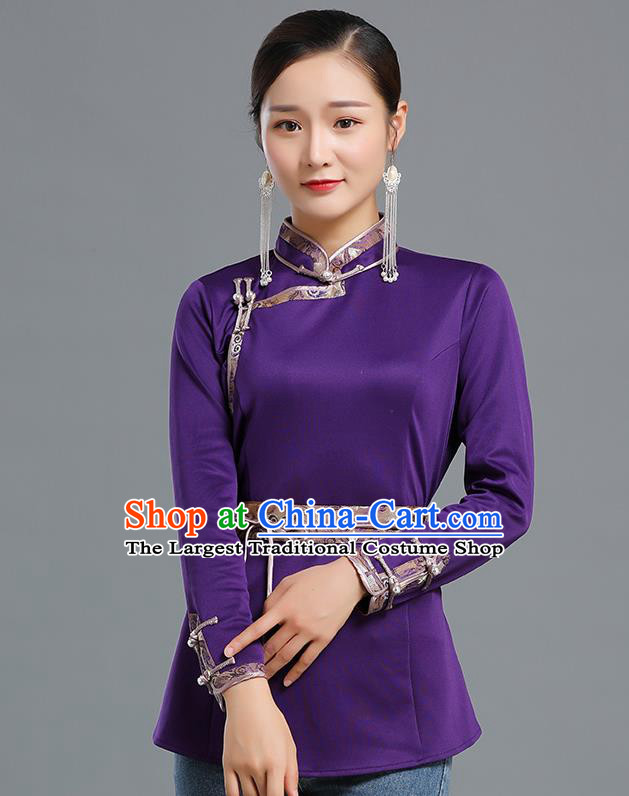 Traditional Chinese Ethnic Purple Blouse Woman Apparels Mongol Minority Upper Outer Garment Mongolian Nationality Informal Costume