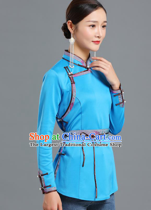 Traditional Chinese Ethnic Blue Blouse Woman Apparels Mongol Minority Upper Outer Garment Mongolian Nationality Informal Costume