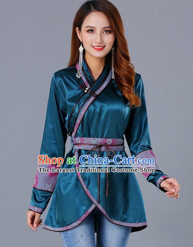 Traditional Chinese Ethnic Woman Dark Green Blouse Apparels Mongol Minority Upper Outer Garment Mongolian Nationality Informal Costume