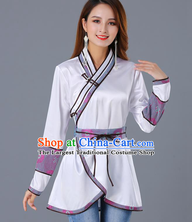 Traditional Chinese Ethnic Woman White Blouse Apparels Mongol Minority Upper Outer Garment Mongolian Nationality Informal Costume