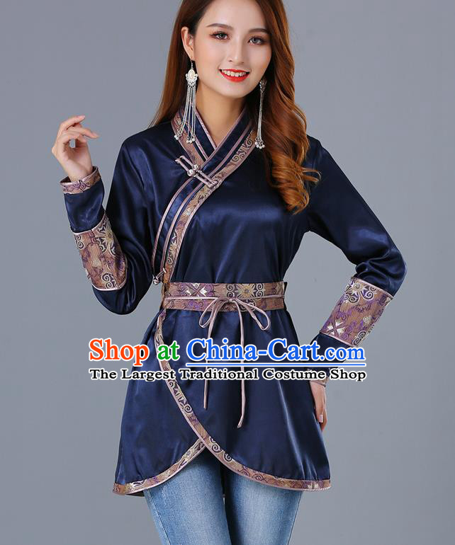 Traditional Chinese Ethnic Woman Navy Blouse Apparels Mongol Minority Upper Outer Garment Mongolian Nationality Informal Costume