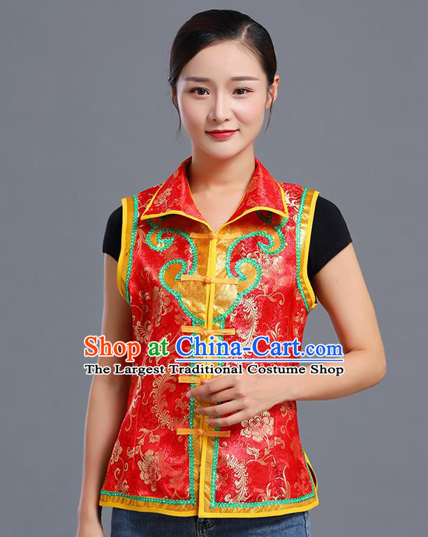 Traditional Chinese Mongol Ethnic Red Brocade Vest Minority Garment Costume Mongolian Nationality Informal Waistcoat Apparels for Woman