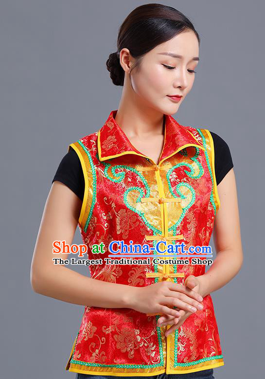 Traditional Chinese Mongol Ethnic Red Brocade Vest Minority Garment Costume Mongolian Nationality Informal Waistcoat Apparels for Woman