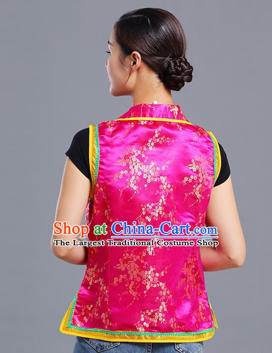 Traditional Chinese Mongol Ethnic Rosy Brocade Vest Minority Garment Costume Mongolian Nationality Informal Waistcoat Apparels for Woman