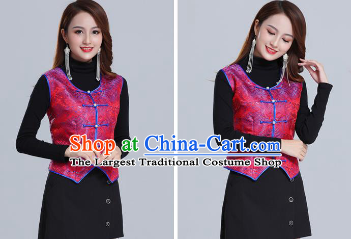 Traditional Chinese Tang Suit Red Brocade Vest Mongol Ethnic Minority Garment Mongolian Nationality Waistcoat Apparels Costume for Woman