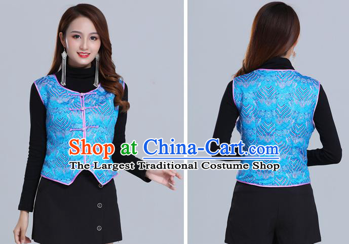 Traditional Chinese Tang Suit Blue Brocade Vest Mongol Ethnic Minority Garment Mongolian Nationality Waistcoat Apparels Costume for Woman