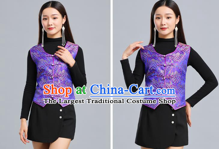 Traditional Chinese Tang Suit Purple Brocade Vest Mongol Ethnic Minority Garment Mongolian Nationality Waistcoat Apparels Costume for Woman