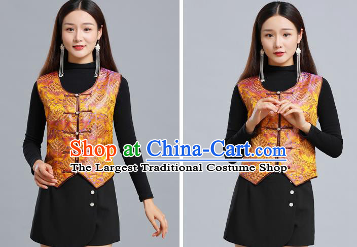 Traditional Chinese Tang Suit Golden Brocade Vest Mongol Ethnic Minority Garment Mongolian Nationality Waistcoat Apparels Costume for Woman