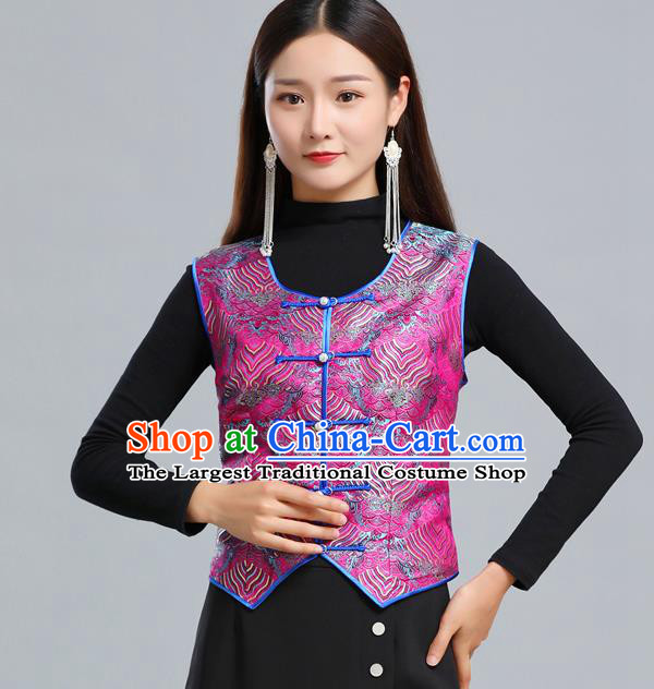 Traditional Chinese Tang Suit Rosy Brocade Vest Mongol Ethnic Minority Garment Mongolian Nationality Waistcoat Apparels Costume for Woman