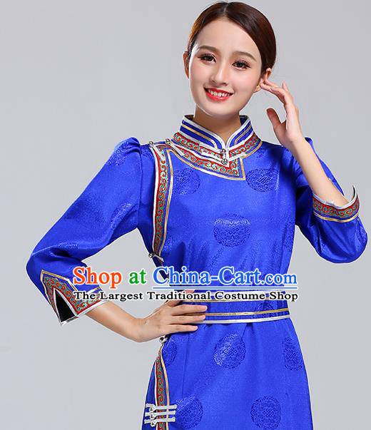 Traditional Chinese Ethnic Costume Mongol Minority Royalblue Dress Garment Mongolian Nationality Apparels for Woman