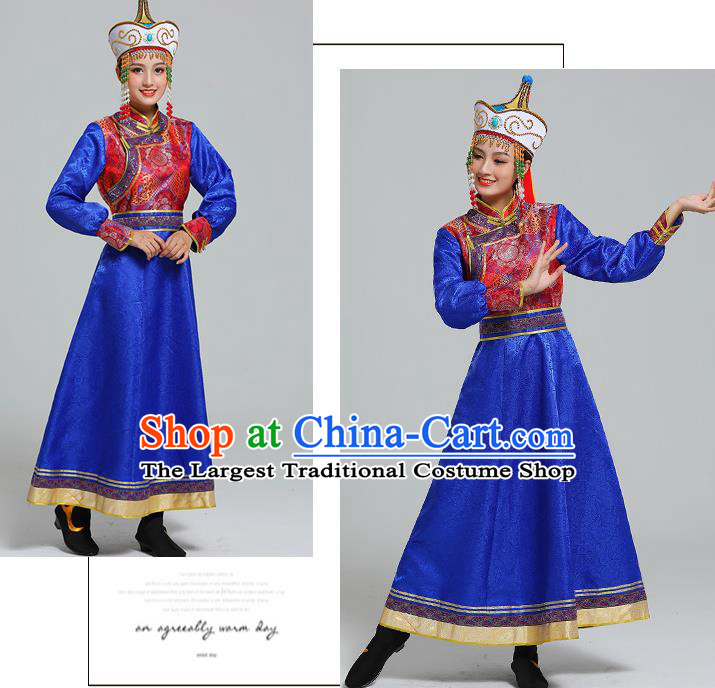 Traditional Chinese Ethnic Folk Dance Costume Mongol Minority Royalblue Dress Garment Mongolian Nationality Women Apparels