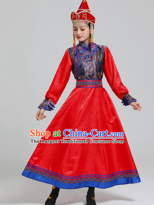 Traditional Chinese Ethnic Folk Dance Costume Mongol Minority Red Dress Garment Mongolian Nationality Women Apparels