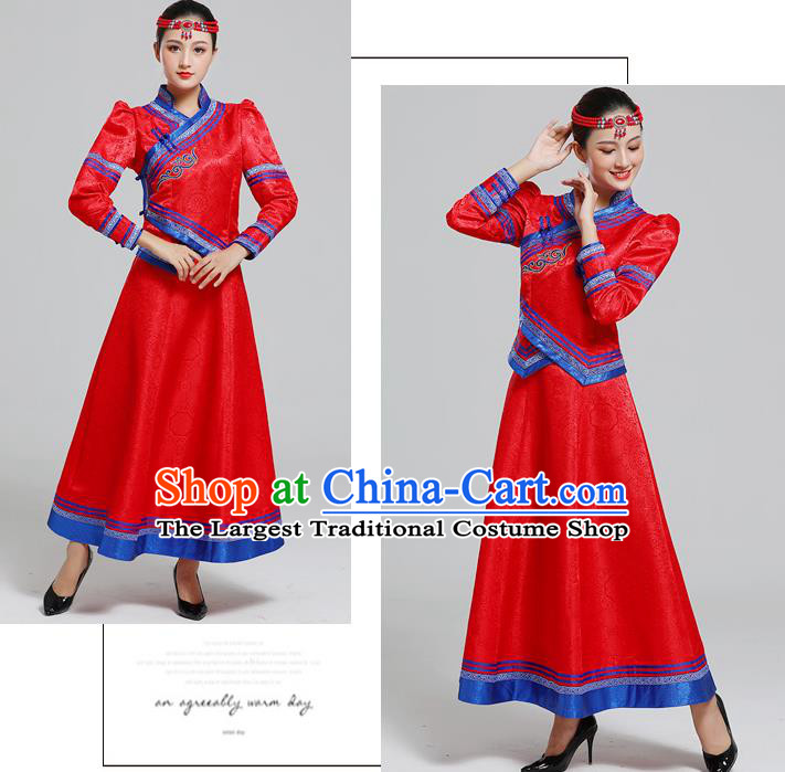 Traditional Chinese Mongol Minority Ethnic Costume Garment Mongolian Nationality Women Folk Dance Apparels Red Blouse and Skirt
