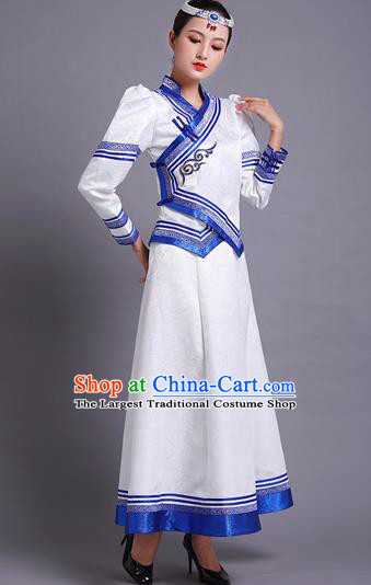 Traditional Chinese Mongol Minority Ethnic Costume Garment Mongolian Nationality Women Folk Dance Apparels White Blouse and Skirt