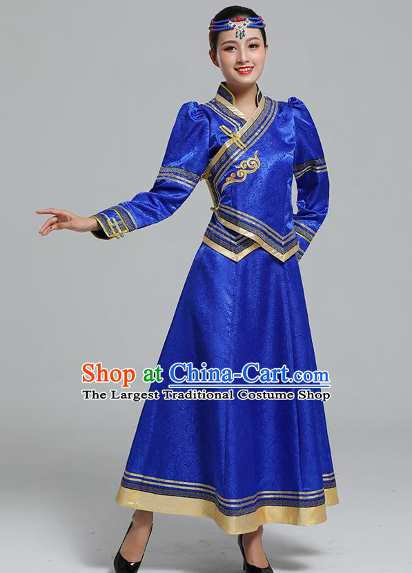 Traditional Chinese Mongol Minority Ethnic Costume Garment Mongolian Nationality Women Folk Dance Apparels Royalblue Blouse and Skirt