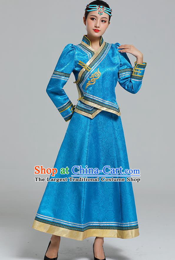 Traditional Chinese Mongol Minority Ethnic Costume Garment Mongolian Nationality Women Folk Dance Apparels Blue Blouse and Skirt