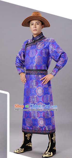 Chinese Traditional Ethnic Dance Garment Mongol Minority Costume Royalblue Brocade Mongolian Robe for Men