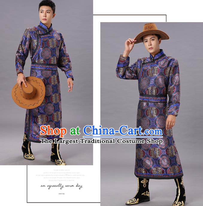 Chinese Traditional Ethnic Dance Garment Mongol Minority Costume Navy Brocade Mongolian Robe for Men