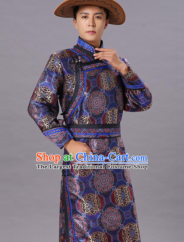 Chinese Traditional Ethnic Dance Garment Mongol Minority Costume Navy Brocade Mongolian Robe for Men