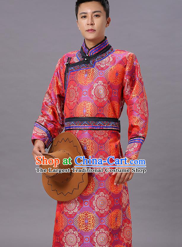 Chinese Traditional Ethnic Dance Garment Mongol Minority Costume Red Brocade Mongolian Robe for Men