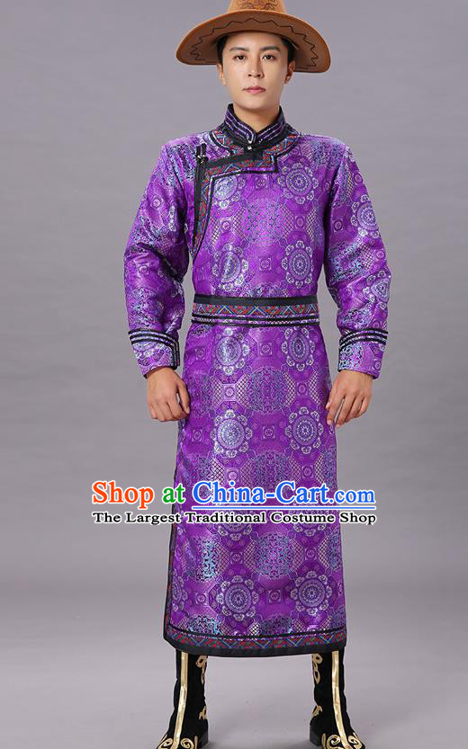 Chinese Traditional Ethnic Dance Garment Mongol Minority Costume Purple Brocade Mongolian Robe for Men
