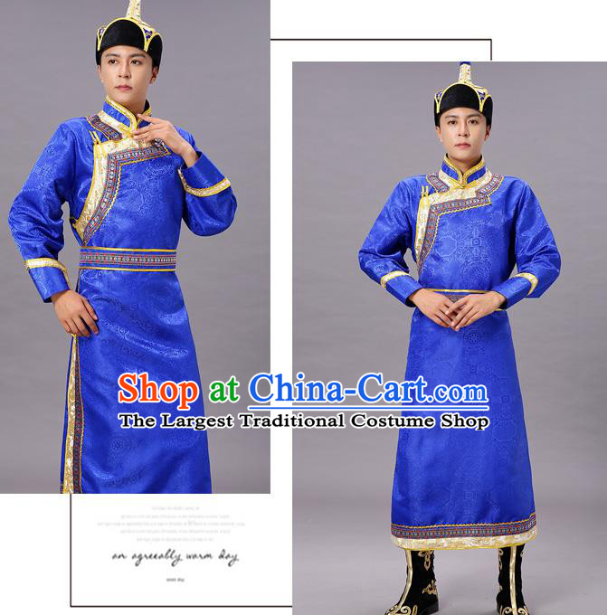 Chinese Traditional Ethnic Royalblue Brocade Mongolian Robe Dance Garment Mongol Minority Costume for Men