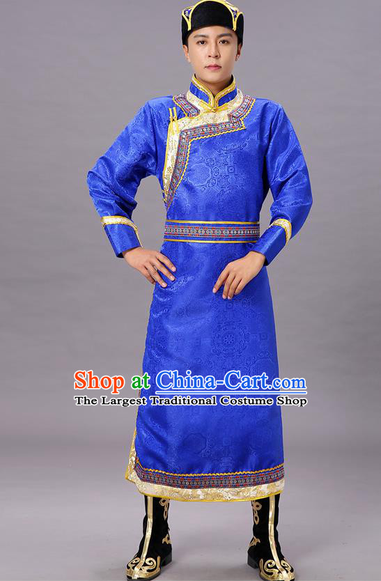 Chinese Traditional Ethnic Royalblue Brocade Mongolian Robe Dance Garment Mongol Minority Costume for Men